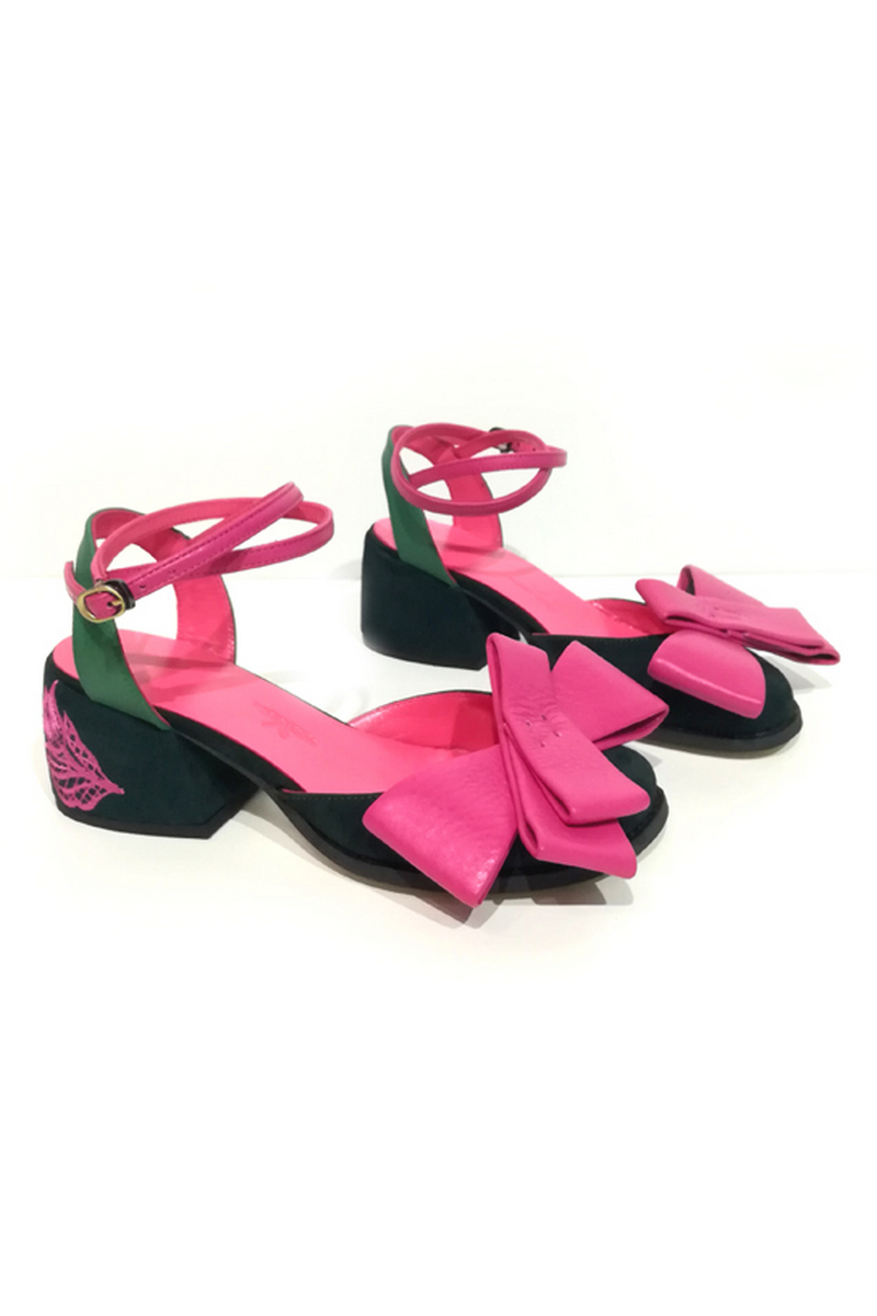 Buy Nubuck suede pink sandals closed toe bow embroidery heel strap, Comfortable designer shoes